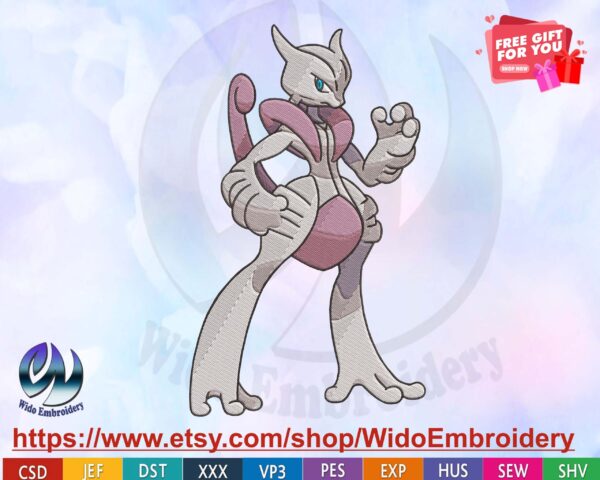 Mewtwo pokemon Machine Embroidery Design from widoembroidery