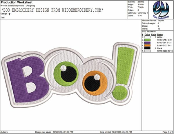boo embroidery design from widoembroidery.com