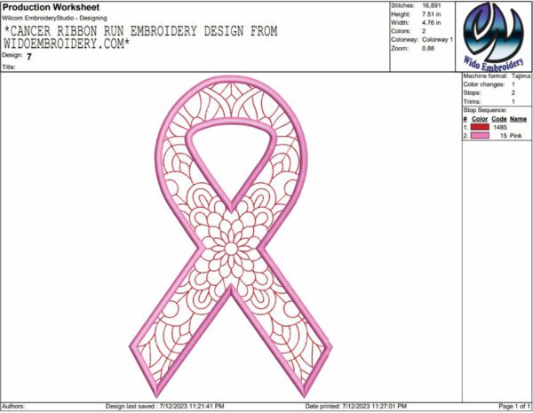 cancer ribbon run embroidery design from widoembroidery.com