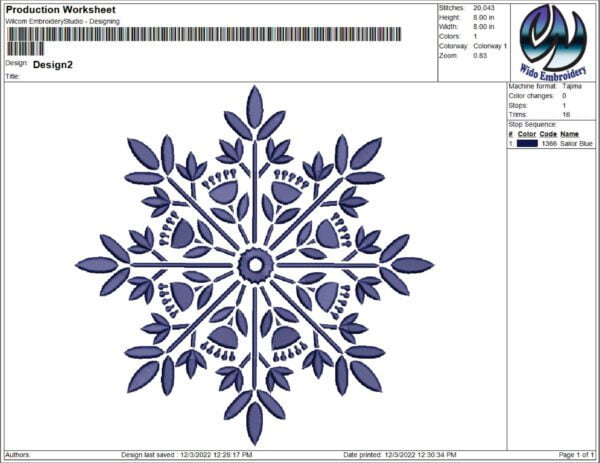 Snowflake embroidery design from widoembroidery.com