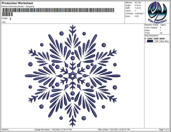 Snowflake embroidery design from widoembroidery.com