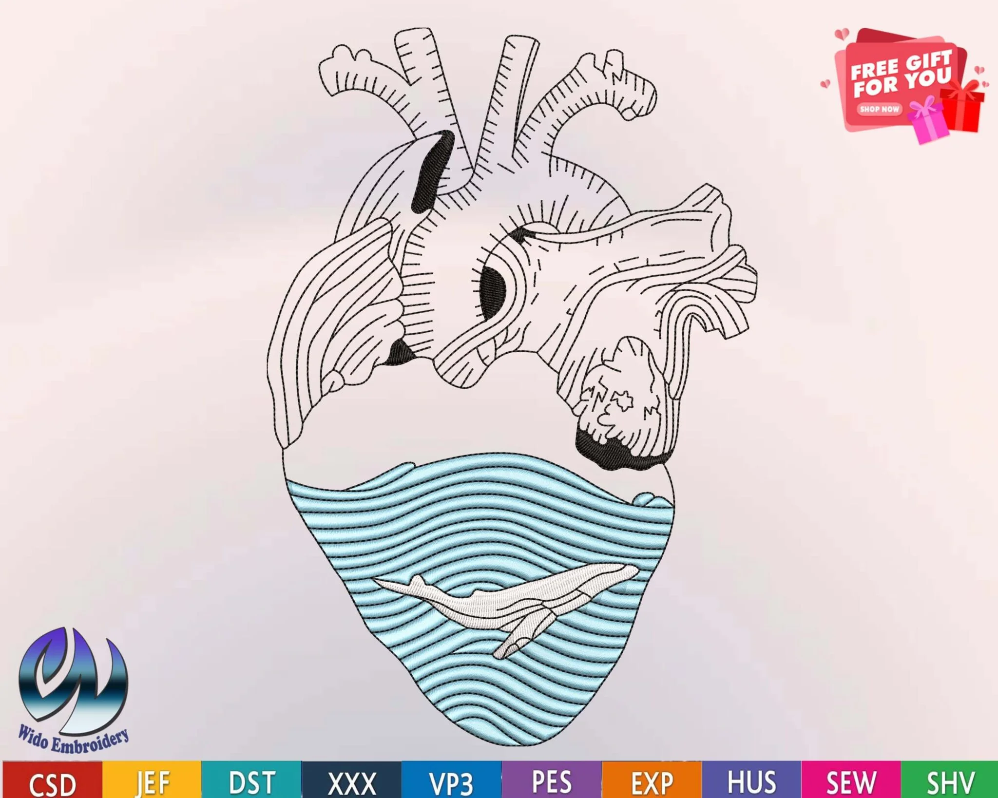 heart anatomy dolphin sea embroidery design from widoembroidery.com