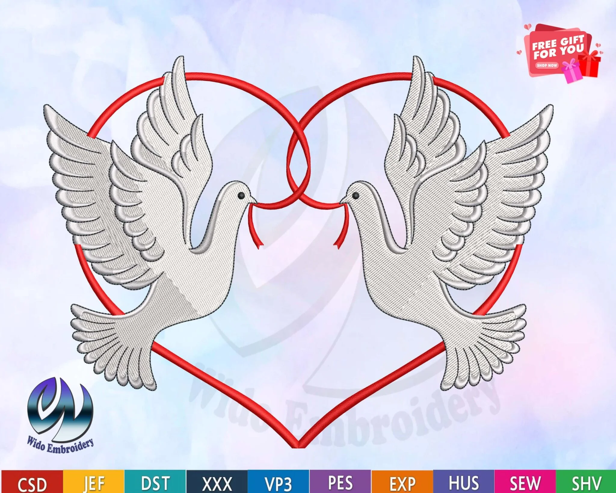 Love dove Heart Machine Embroidery Design,5 Sizes 10 Formats ,girly ,peace ,promis ,wedding ,dove in love ,Pigeon,couple