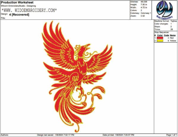 phoenix embroidery design from widoembroidery.com
