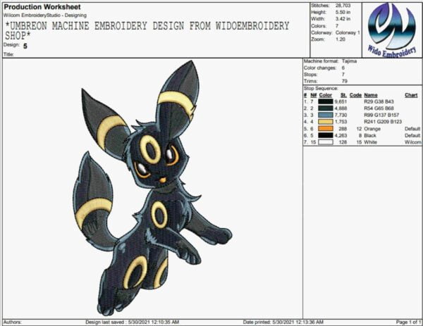 umbreon machine embroidery design from widoembroidery.com