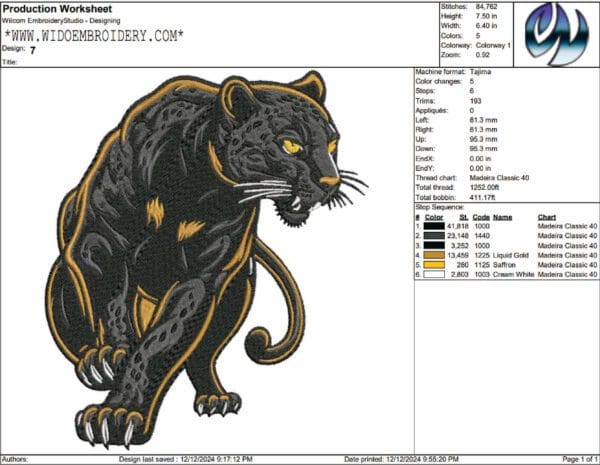 panther embroidery design from widoembroidery.com