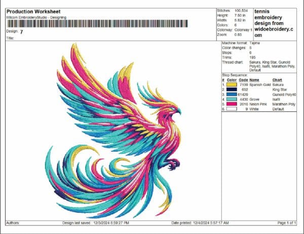 phoenix embroidery design from widoembroidery.com