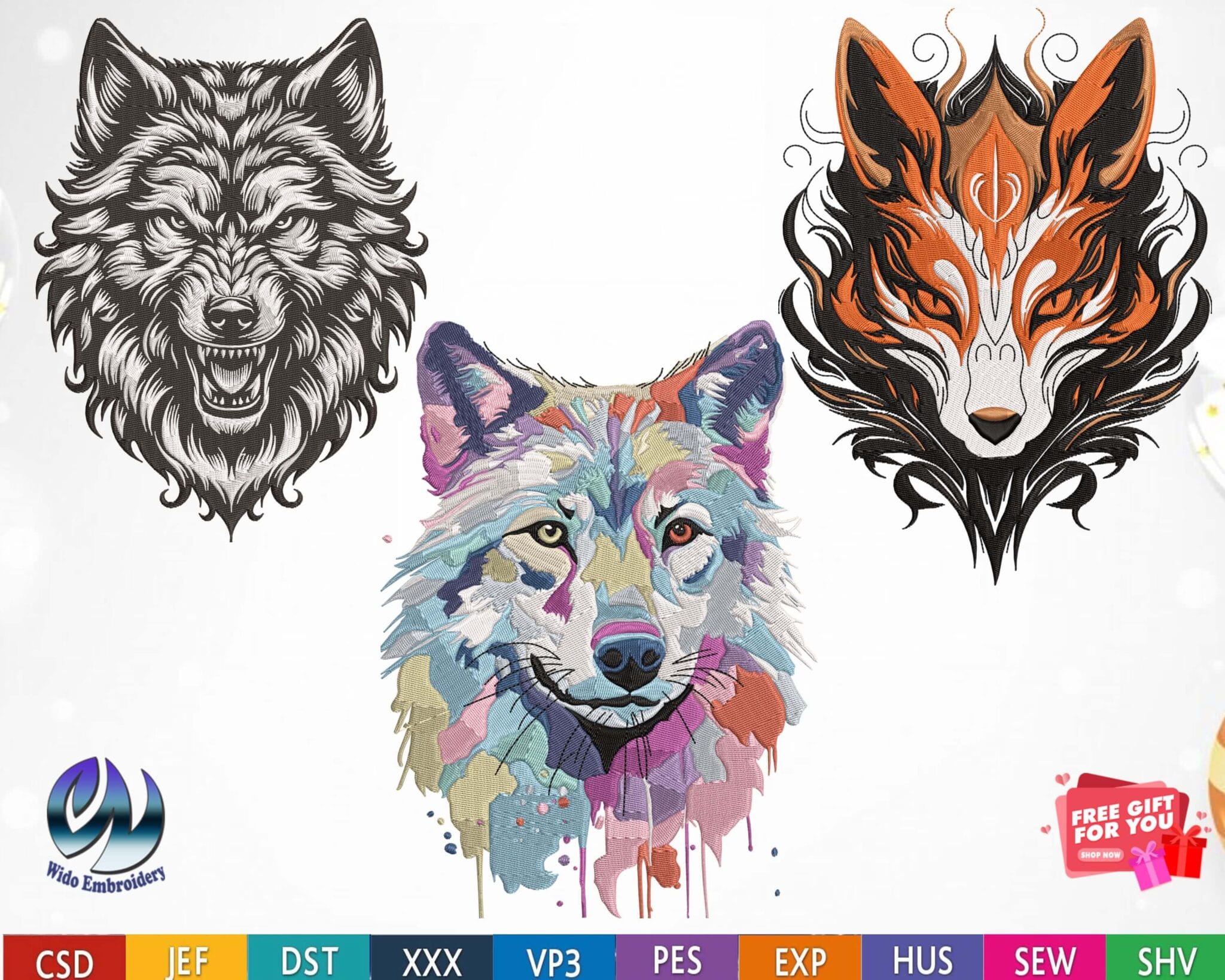 wolf face embrodiery design from widoembroidery.com