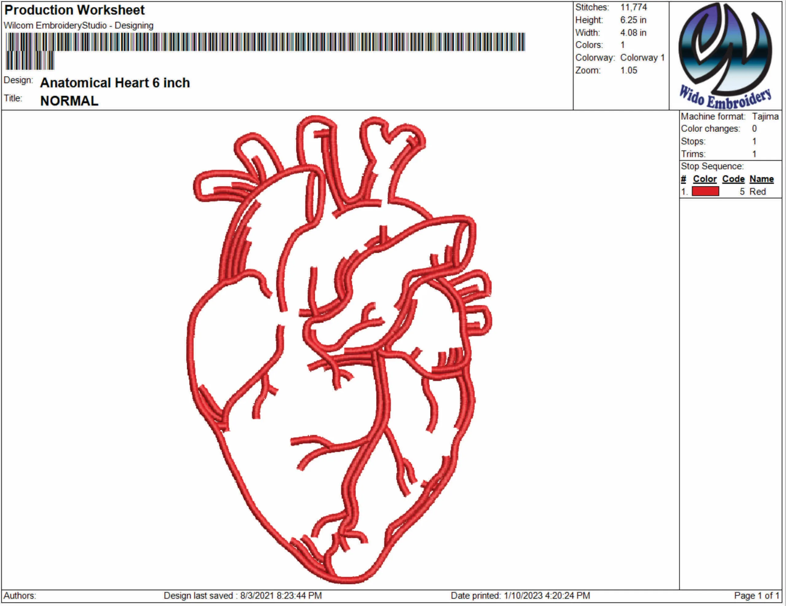 Anatomical Heart embroidery design from widoembroidery.com