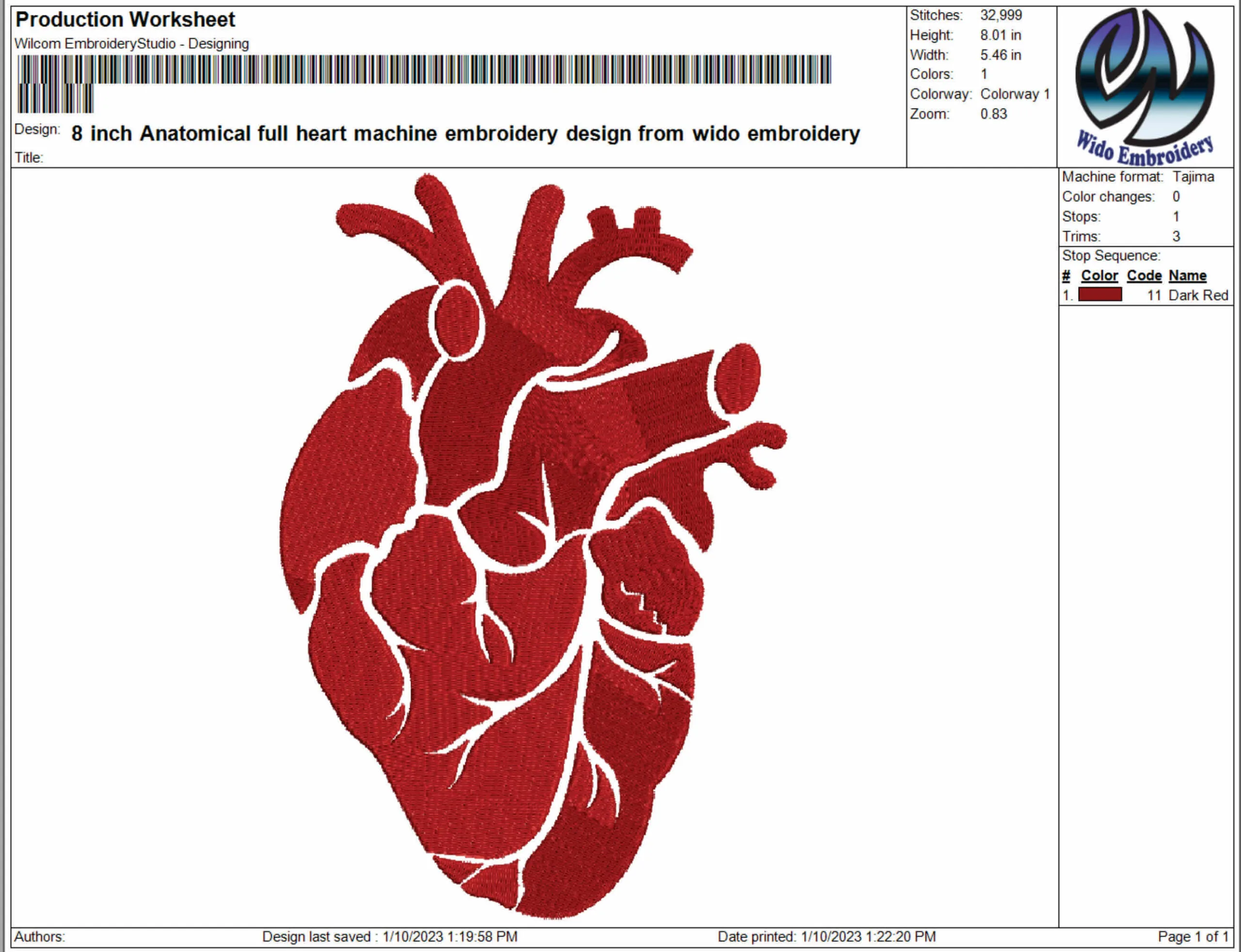 Anatomical Heart embroidery design from widoembroidery.com