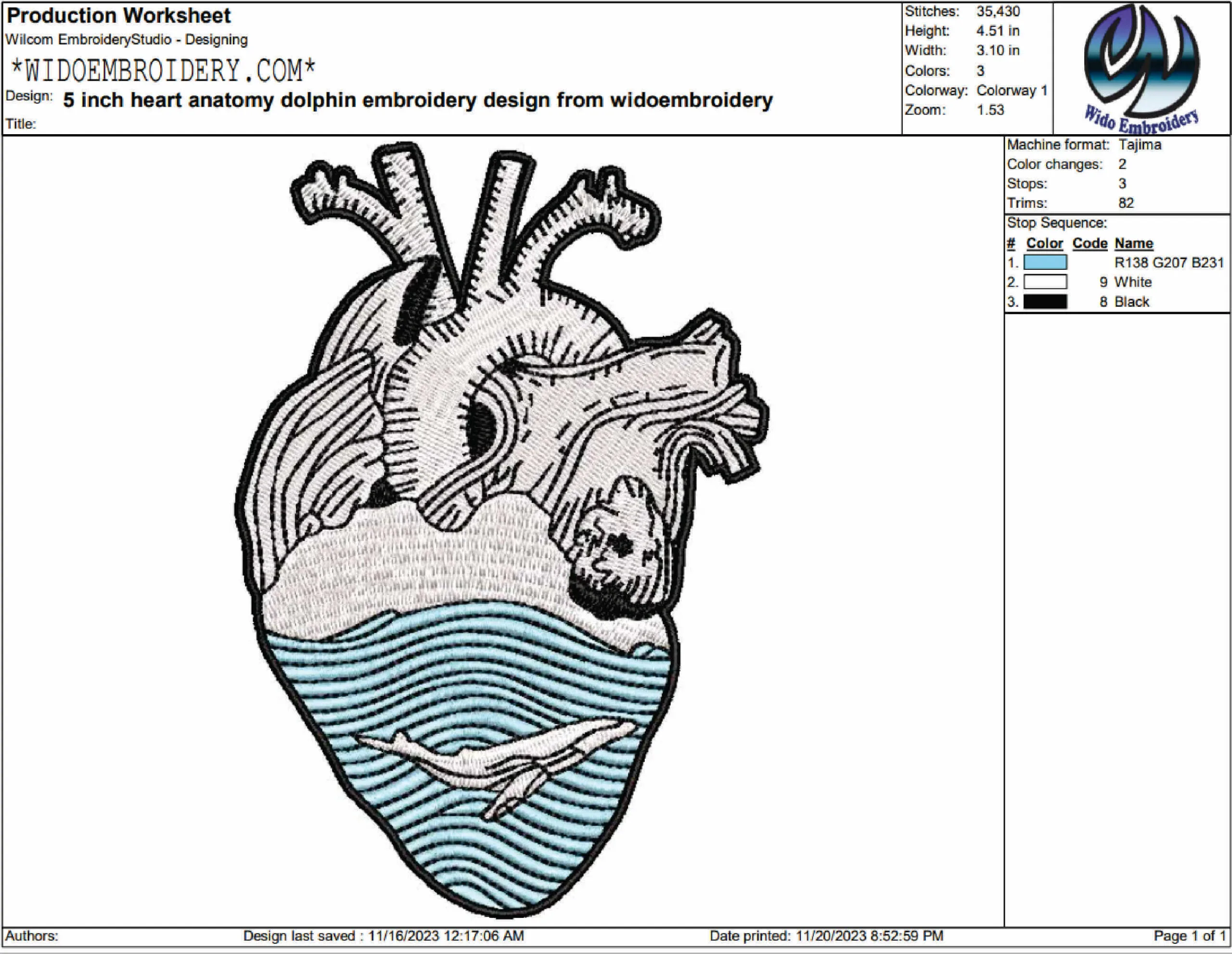 Anatomical Heart embroidery design from widoembroidery.com