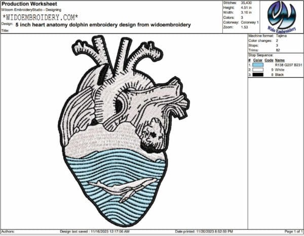 heart anatomy dolphin embroidery design from widoembroidery.com