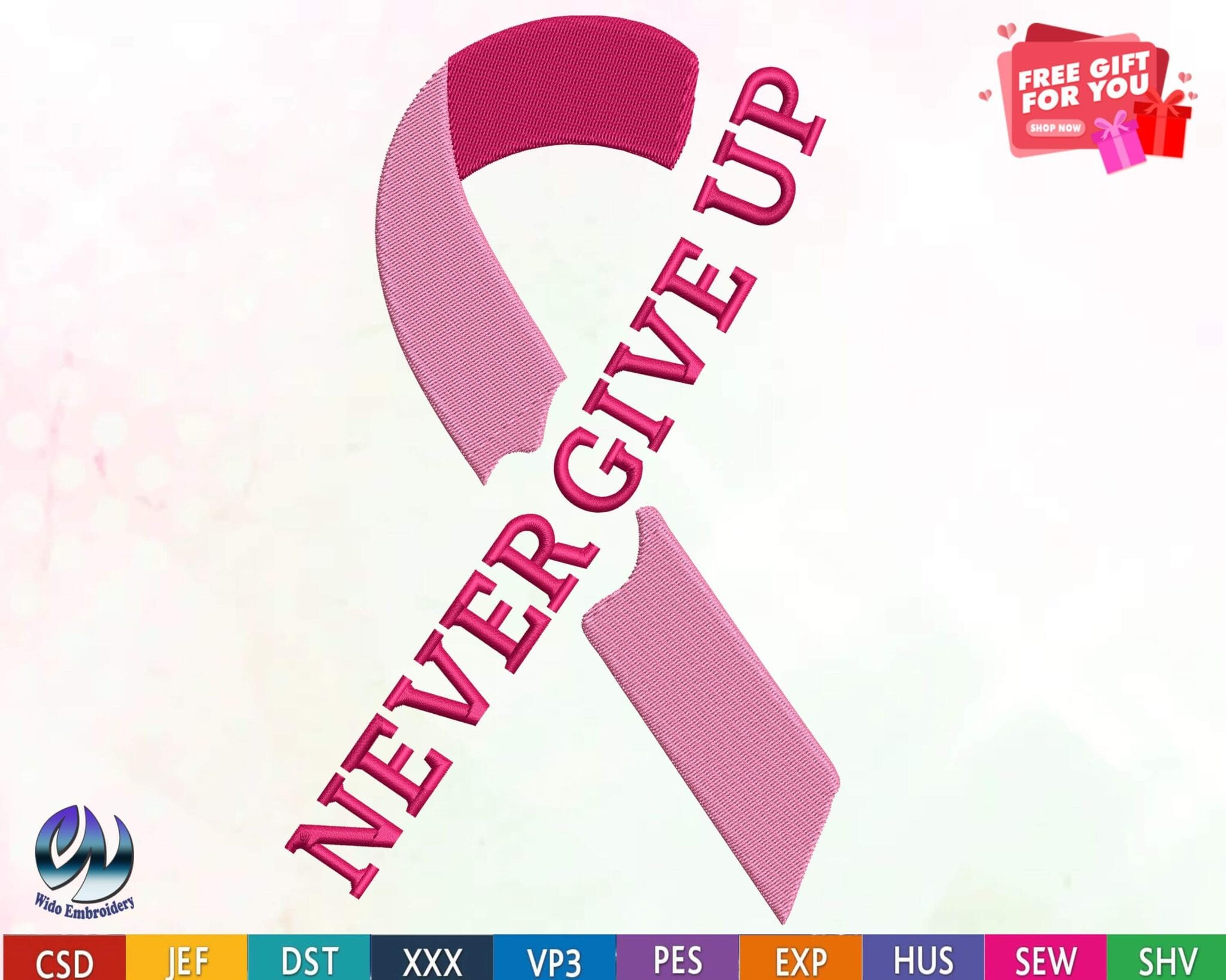 never give up breast cancer ribbon embroidery design from widoembroidery.com