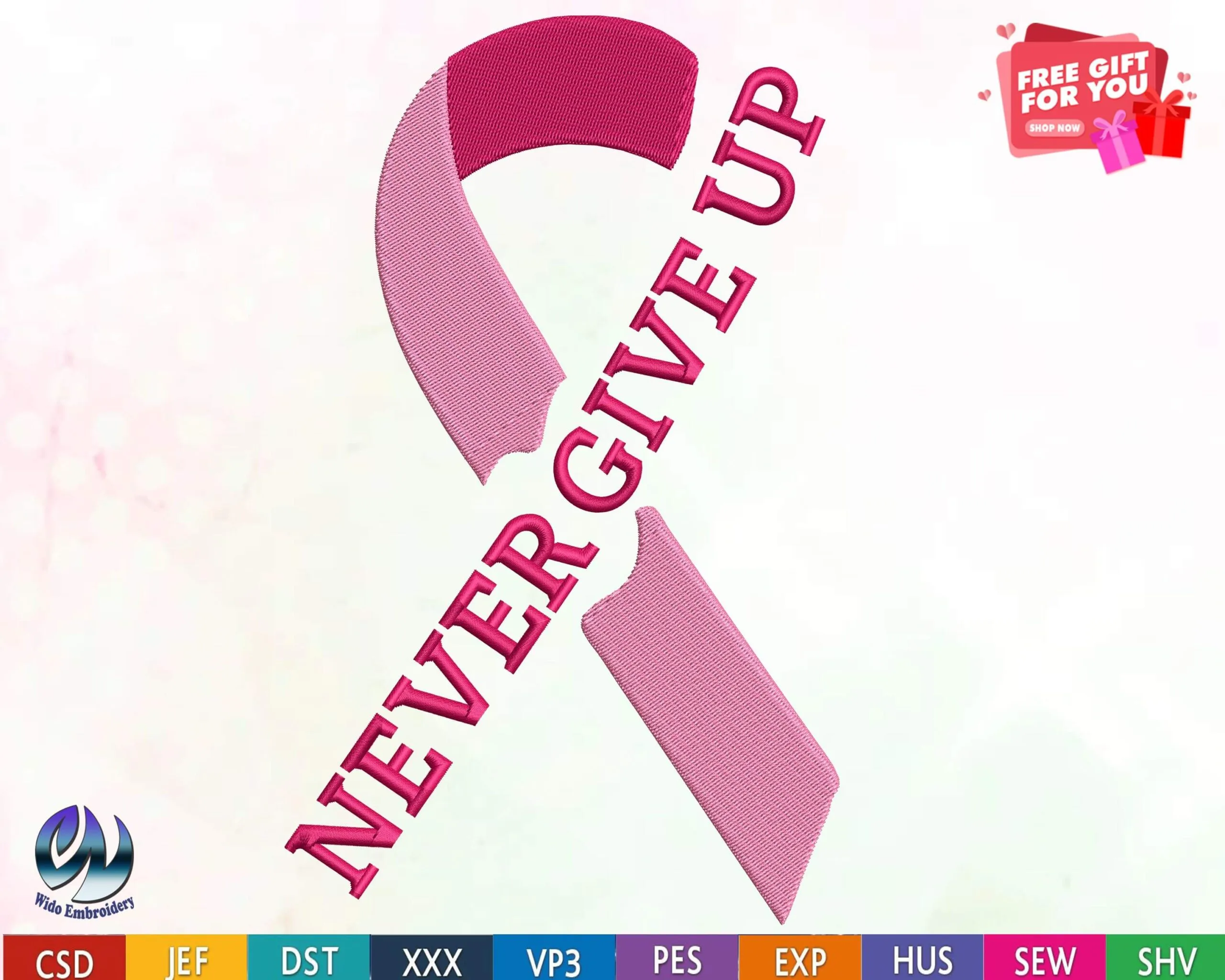never give up breast cancer ribbon embroidery design from widoembroidery.com