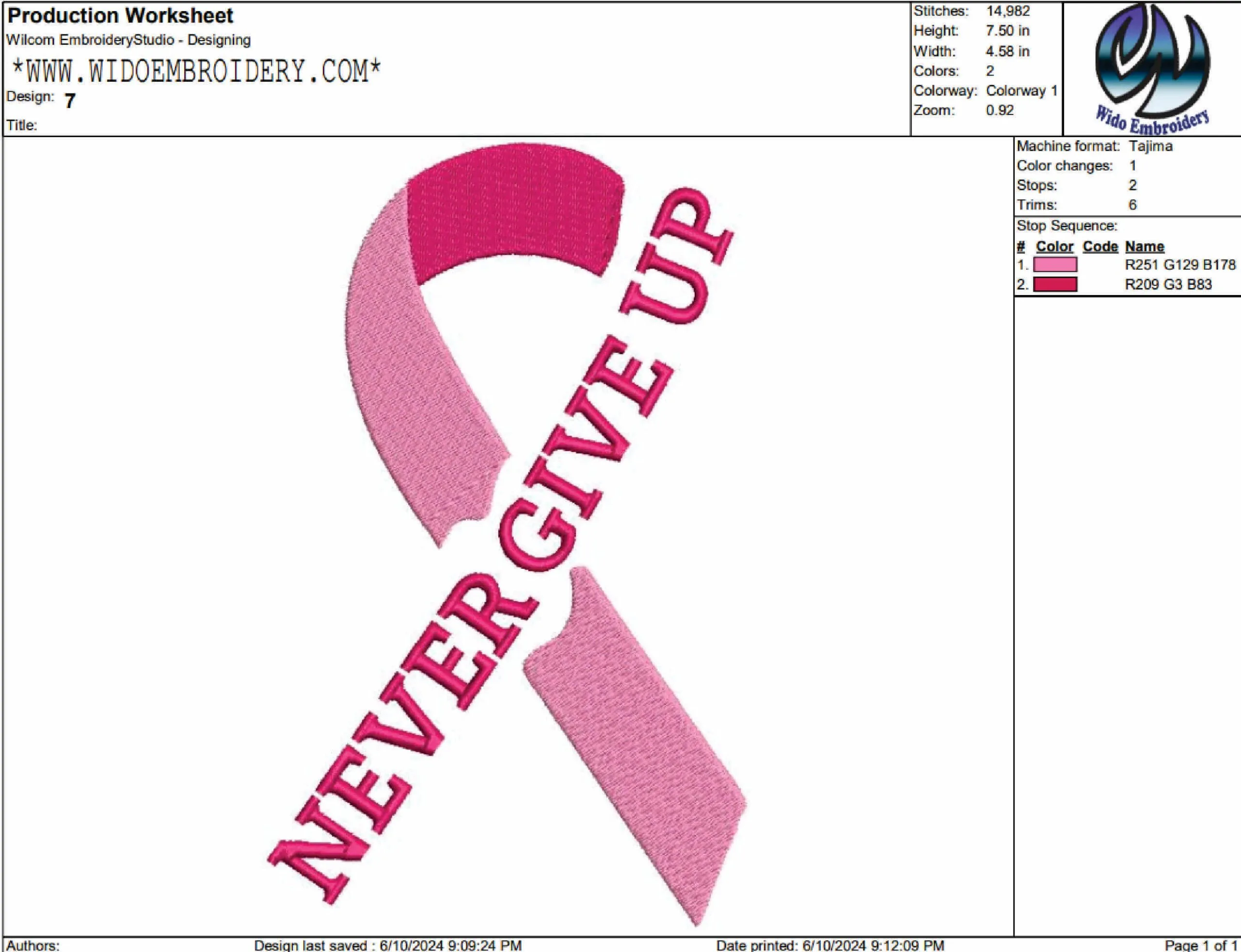 never give up breast cancer ribbon embroidery design from widoembroidery.com