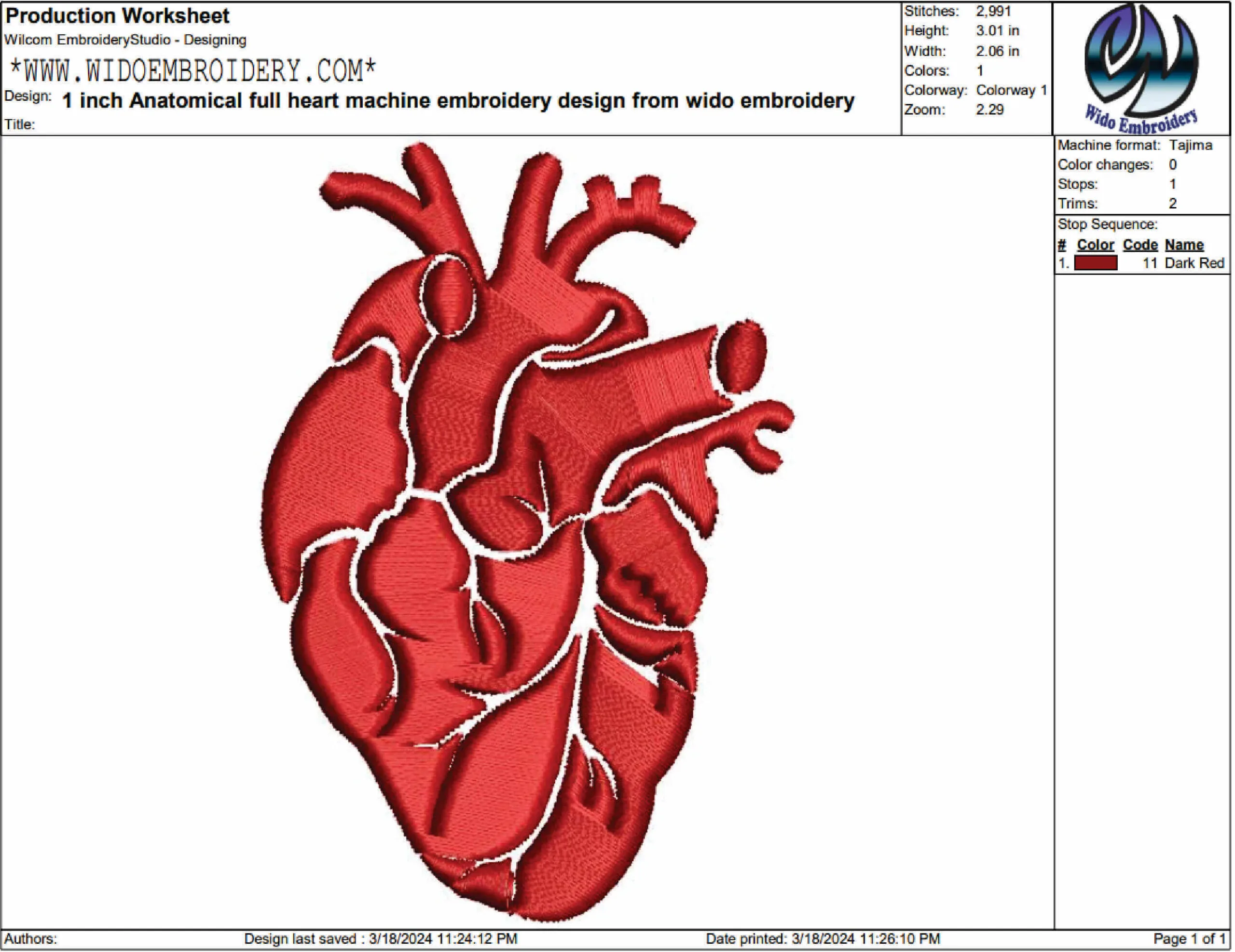 Anatomical Heart embroidery design from widoembroidery.com