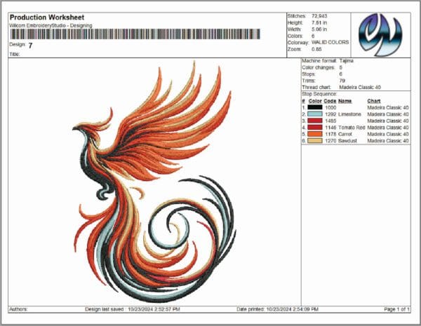 Phoenix machine embroidery design from widoembroidery.com