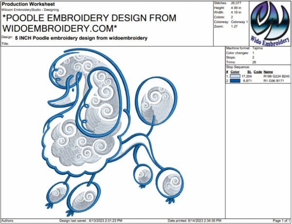 Poodle embroidery design from www.widoembroidery.com