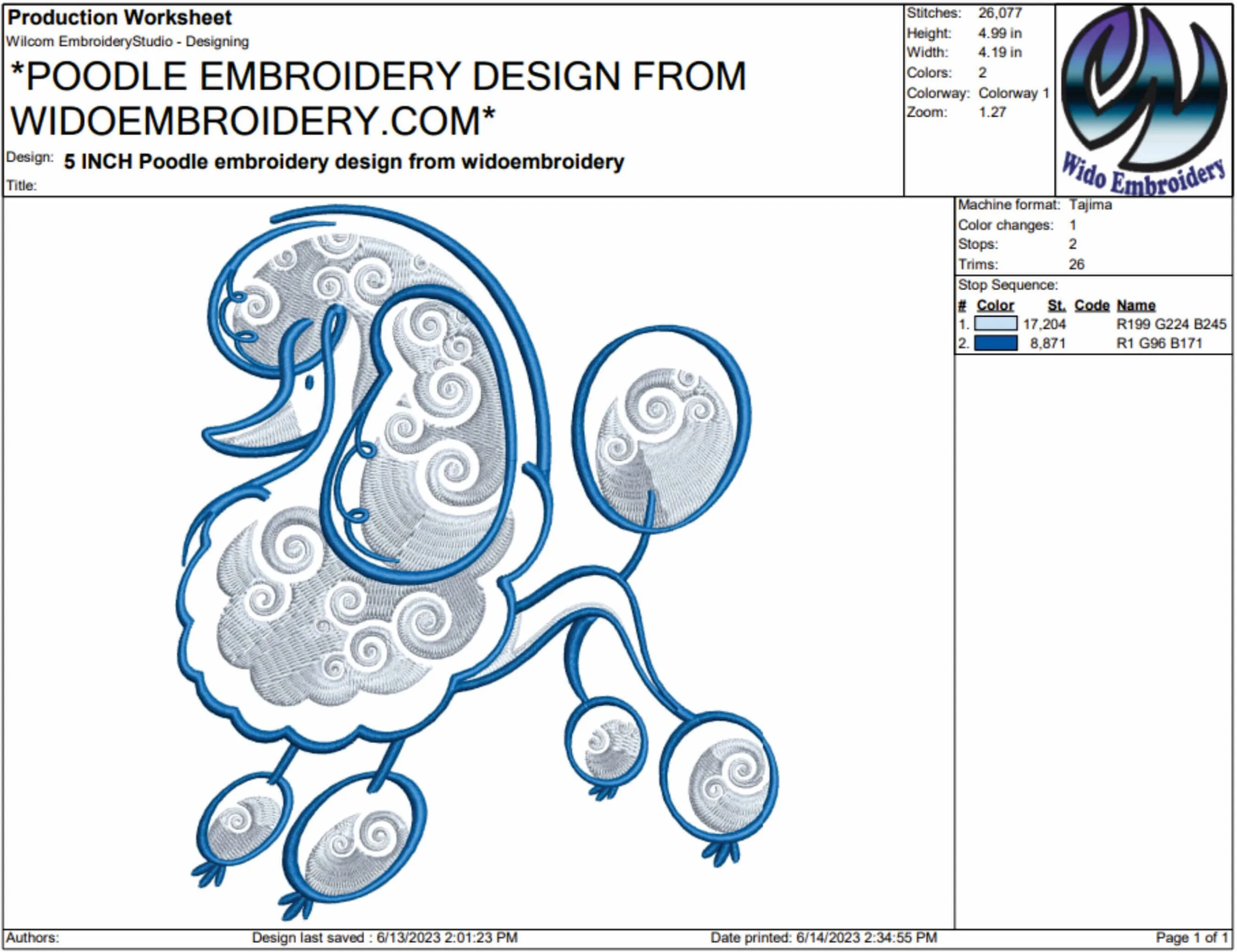 Poodle embroidery design from www.widoembroidery.com