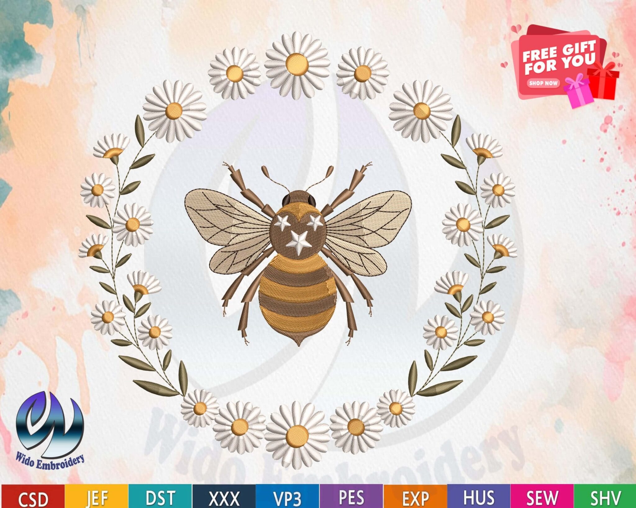 bee fram daisy machine embroidery design from widoembroidery.com