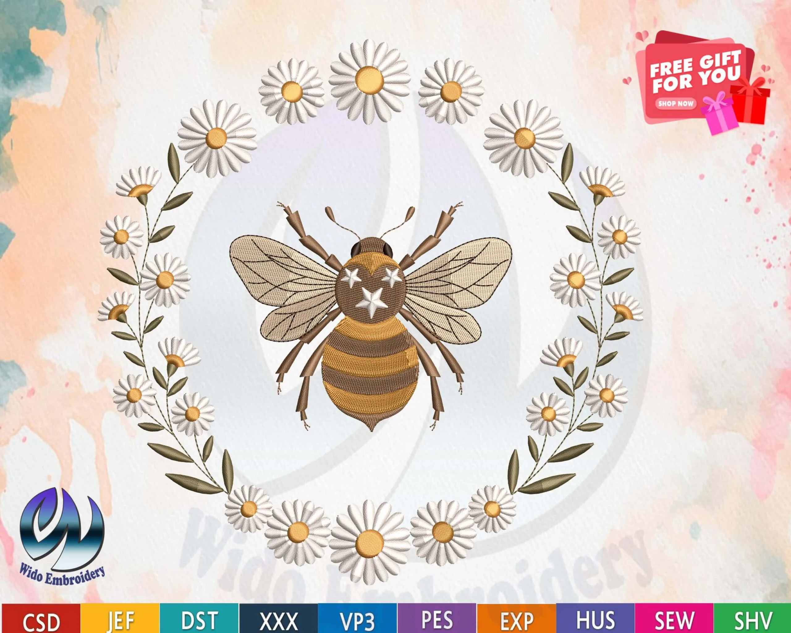 bee fram daisy machine embroidery design from widoembroidery.com