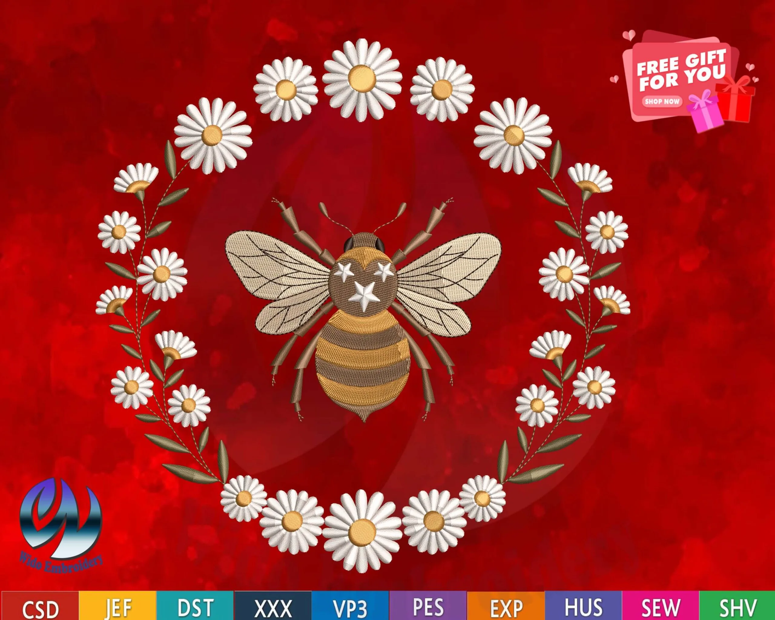 bee fram daisy machine embroidery design from widoembroidery.com