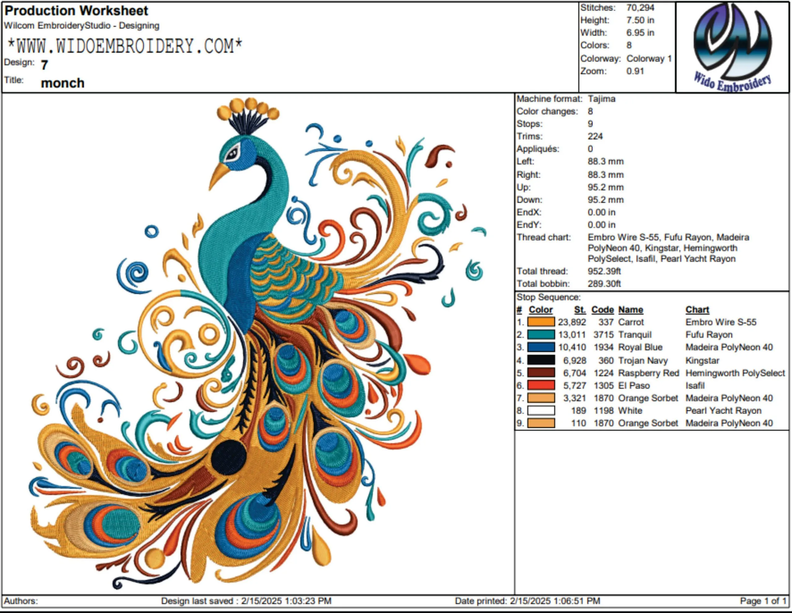 peacock embroidery design from widoembroidery.com (