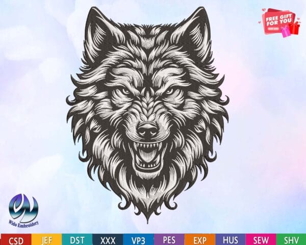 wolf face embrodiery design from widoembroidery.com