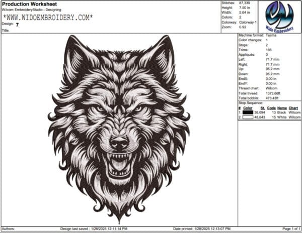 wolf face embrodiery design from widoembroidery.com