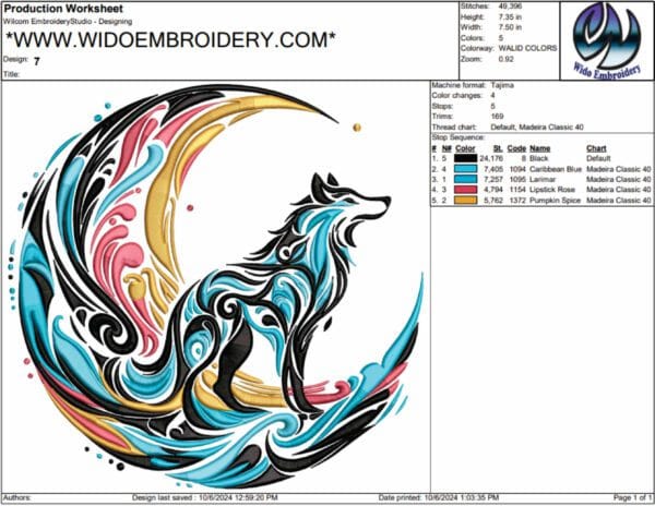 wolf moon embroidery design from widoembroidery.com