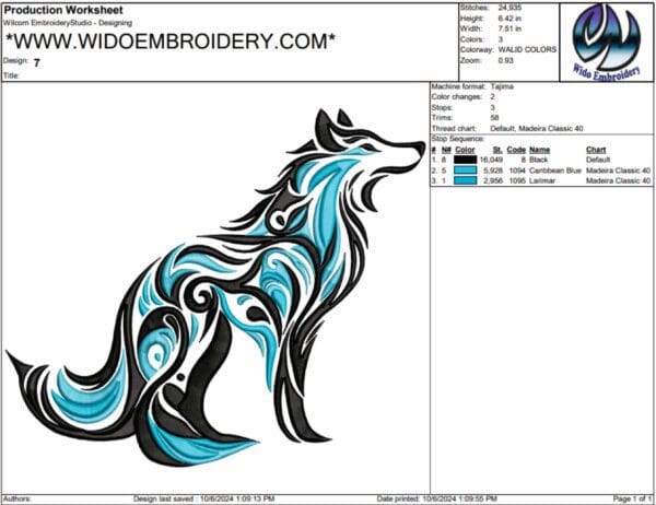 wolf swirly embroidery design from widoembroidery.com