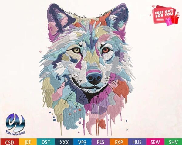 wolf watercollor embroidery design from widoembroidery.com