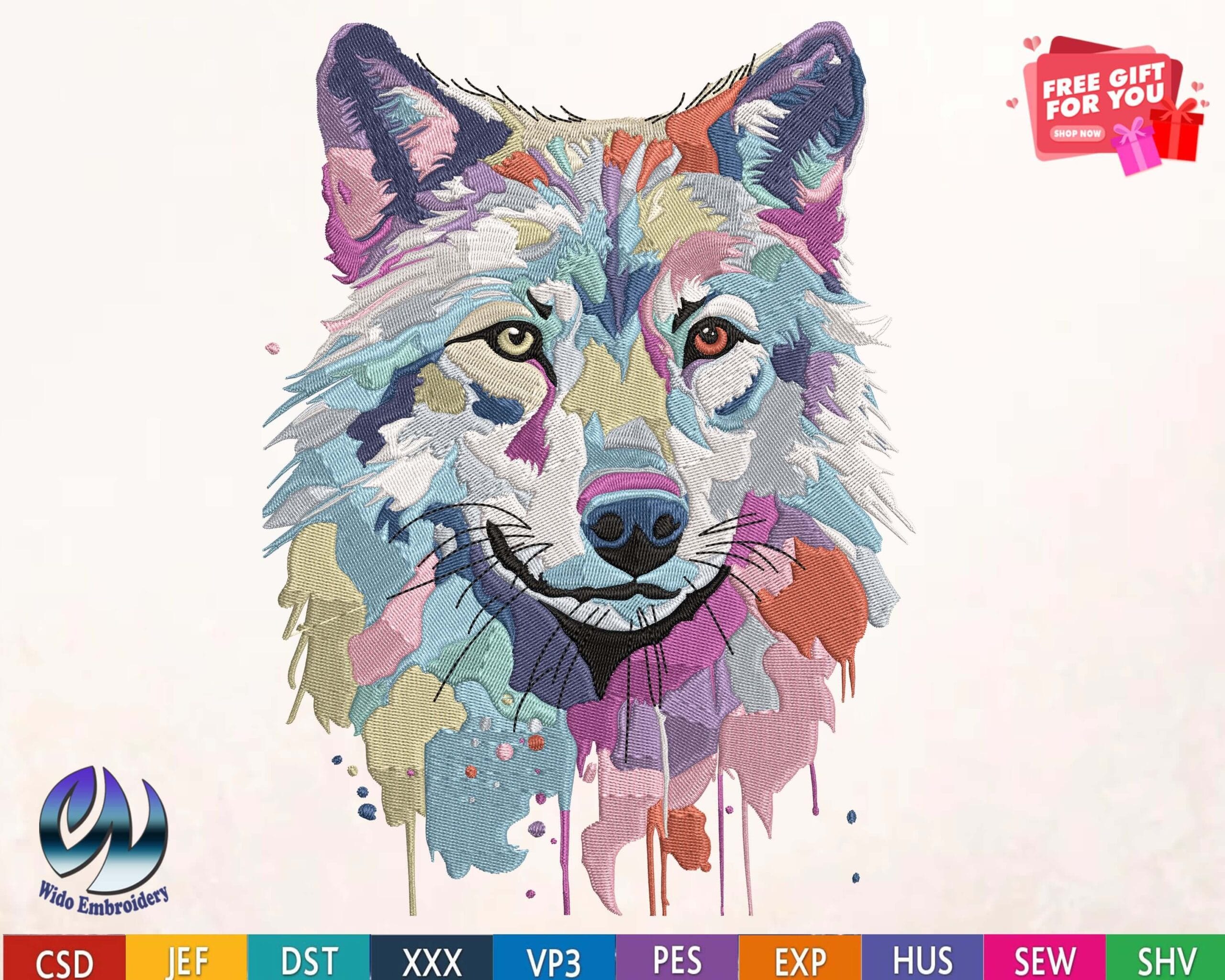 wolf watercollor embroidery design from widoembroidery.com