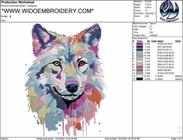 wolf watercollor embroidery design from widoembroidery.com