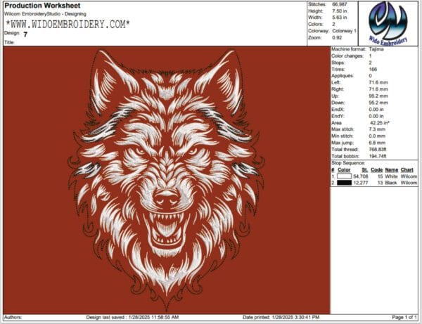 wolf white border embroidery design from widoembroidery.com