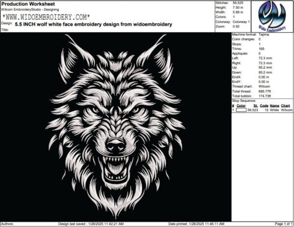wolf white face embroidery design from widoembroidery.com
