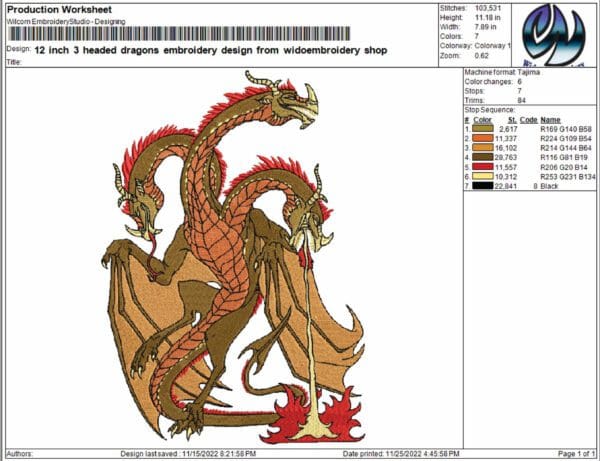 3 headed dragons embroidery design from widoembroidery.com