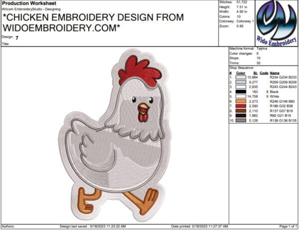 Chicken patch embroidery design from widoembroidery.com