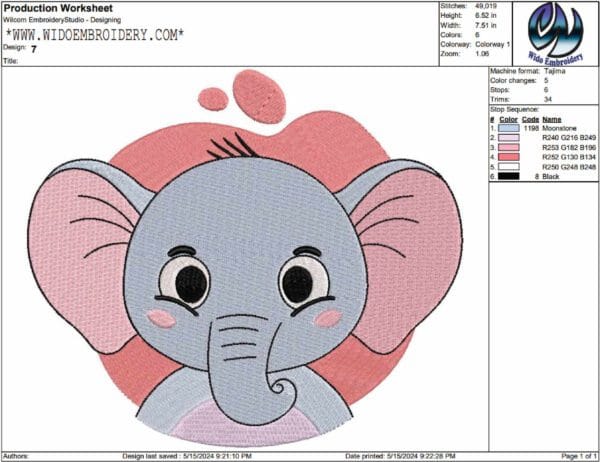 Elephant embroidery design from widoembroidery.com
