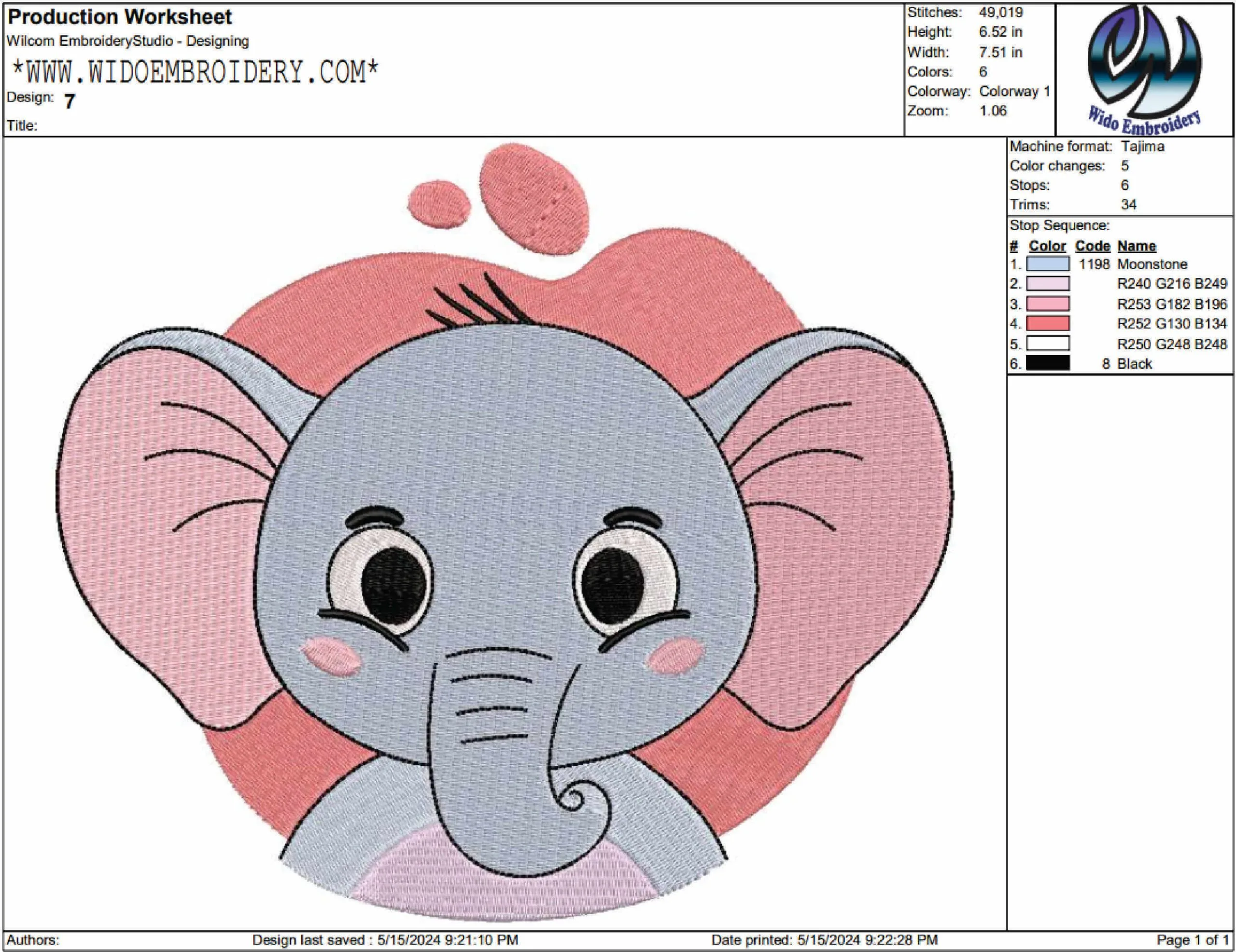 Elephant embroidery design from widoembroidery.com