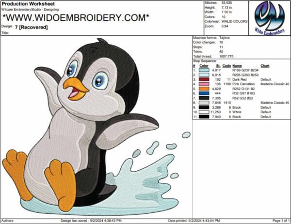 Penguin embroidery design from widoembroidery.com