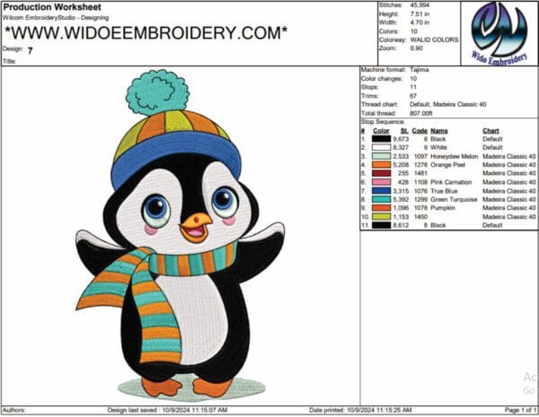Penguin machine embroidery design from widoembroidery.com