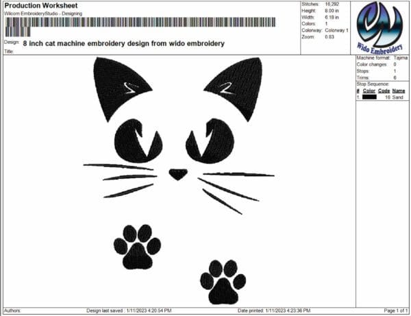 cat machine embroidery design from widoembroidery.com