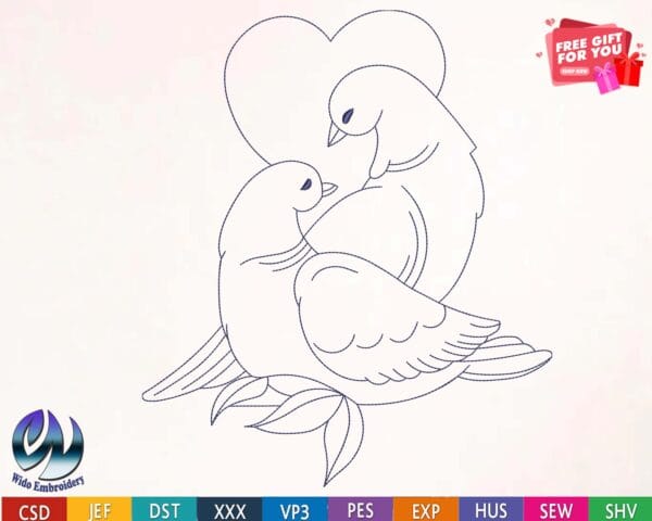 dove couple heart embroidery design from widoembroidery.com