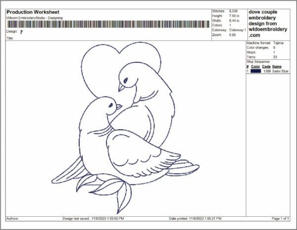 dove couple heart embroidery design from widoembroidery.com