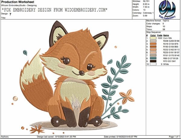 fox embroidery design from widoembroidery.com