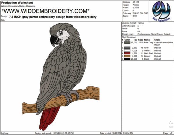 grey parrot embroidery design from widoembroidery.com