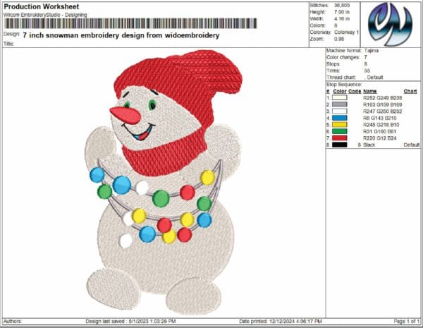 snowman embroidery design from widoembroidery.com