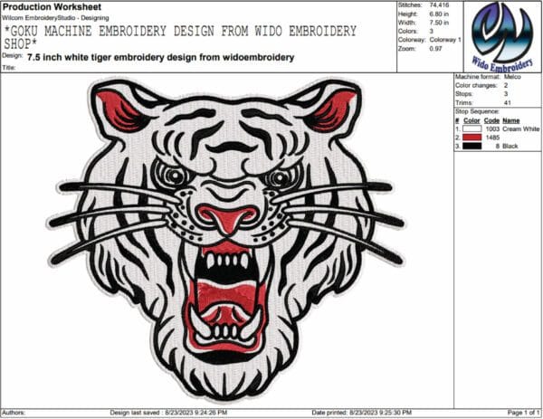 white tiger embroidery design from widoembroidery.com