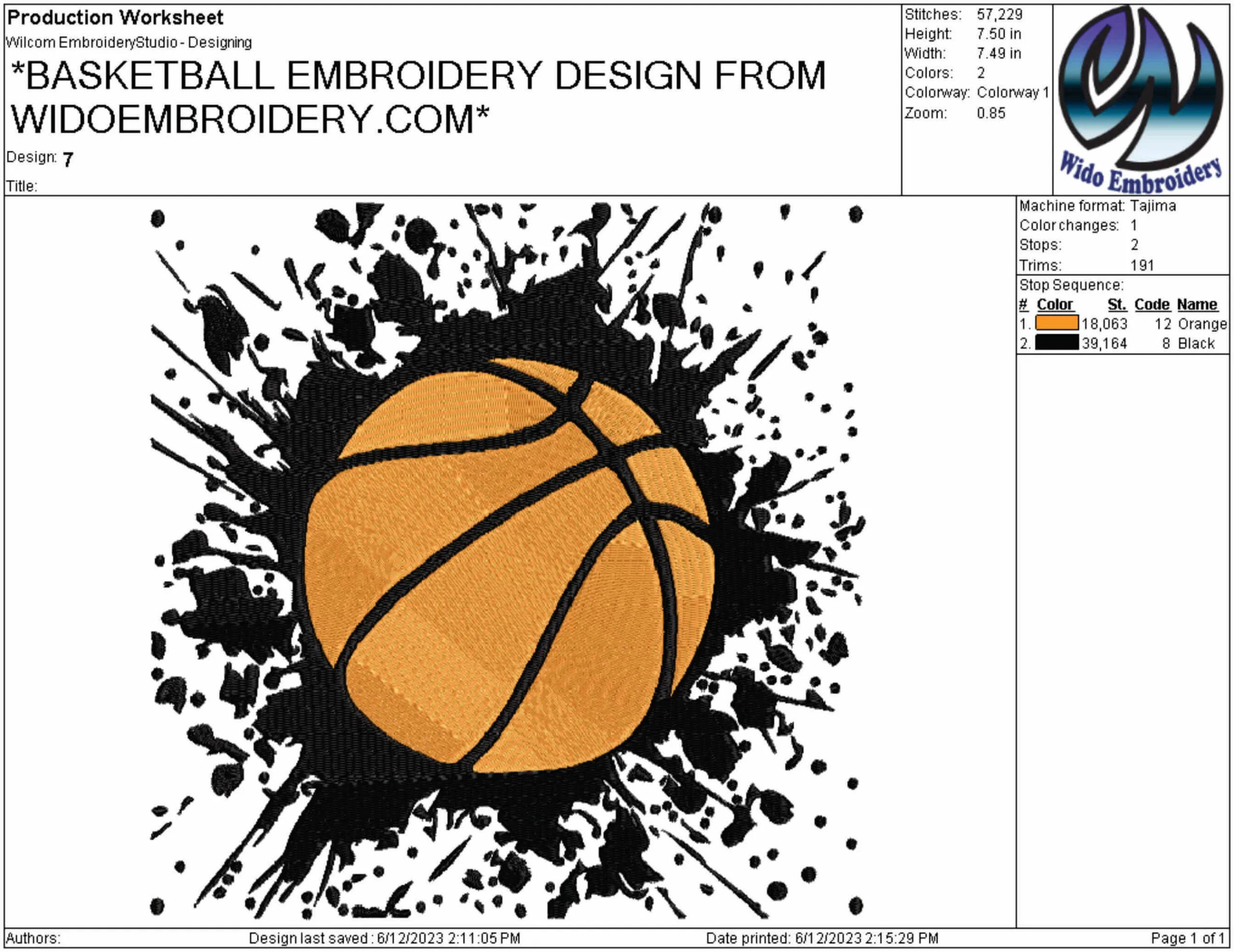 Basketball embroidery design from widoembroidery.com